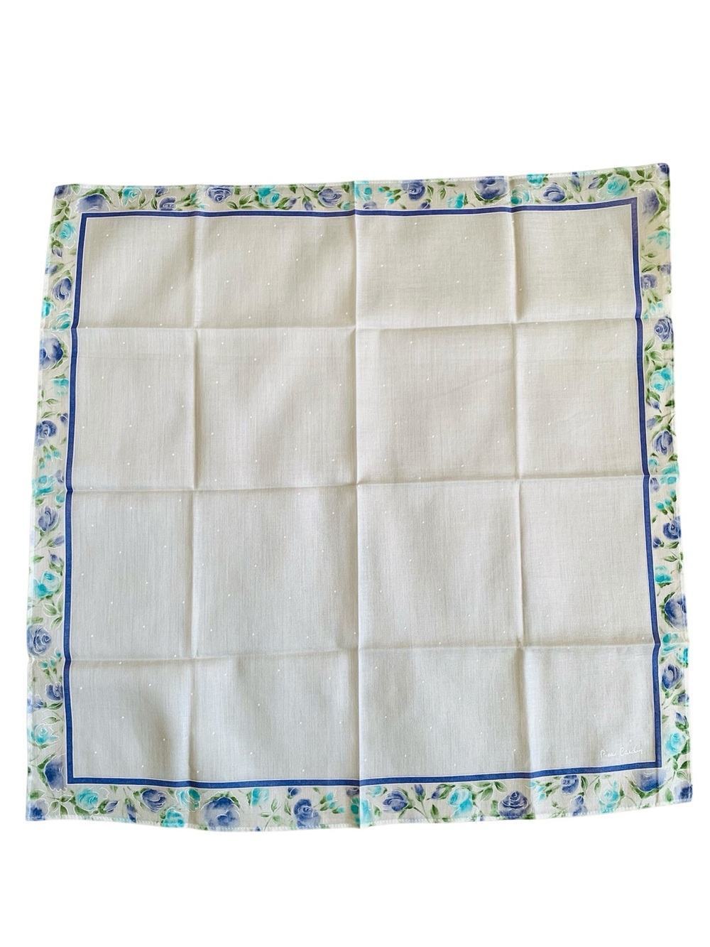 Pierre Cardin Vintage Blue Rose Handkerchief 17.5” Square NWOT Unused Floral Dot